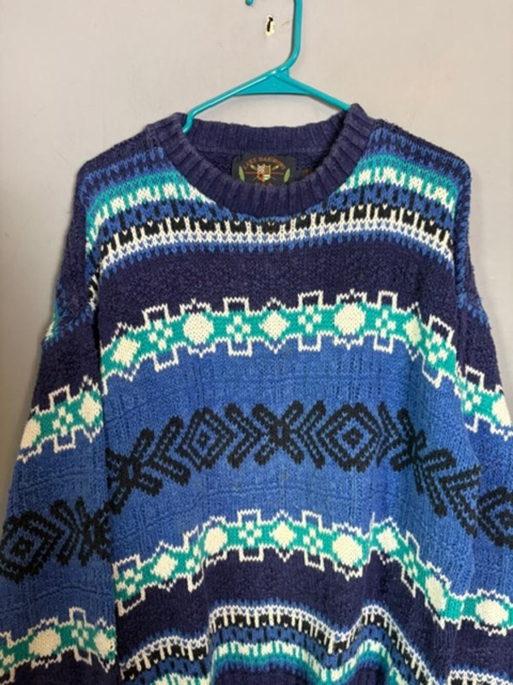 Lake Harmony Mens Blue Geometric Cotton Pullover Sweater Size L